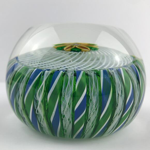 Perthshire 1981F Yellow Lampwork Flower Crown Latticinio Twist Facet Paperweight - Picture 4 of 14